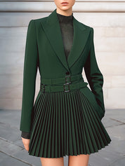 Old Money Double Belt Pleated Skirt Blazer Dress