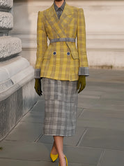 Structured Yellow Plaid Double-Breasted Blazer & Grey Plaid Midi Skirt Set