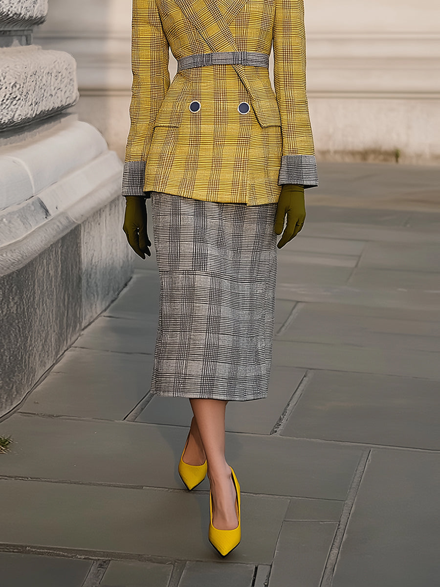 Structured Yellow Plaid Double-Breasted Blazer & Grey Plaid Midi Skirt Set