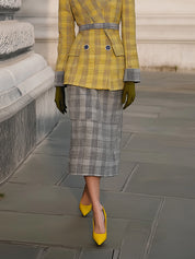 Structured Yellow Plaid Double-Breasted Blazer & Grey Plaid Midi Skirt Set