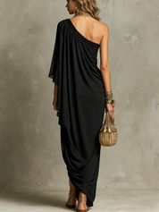Bohemian Black One Shoulder Draped Maxi Dress