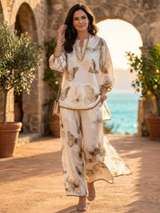 Quiet Luxury Silky Butterfly-Print Drop-Shoulder Tunic & Palazzo Cream Co-Ord Set