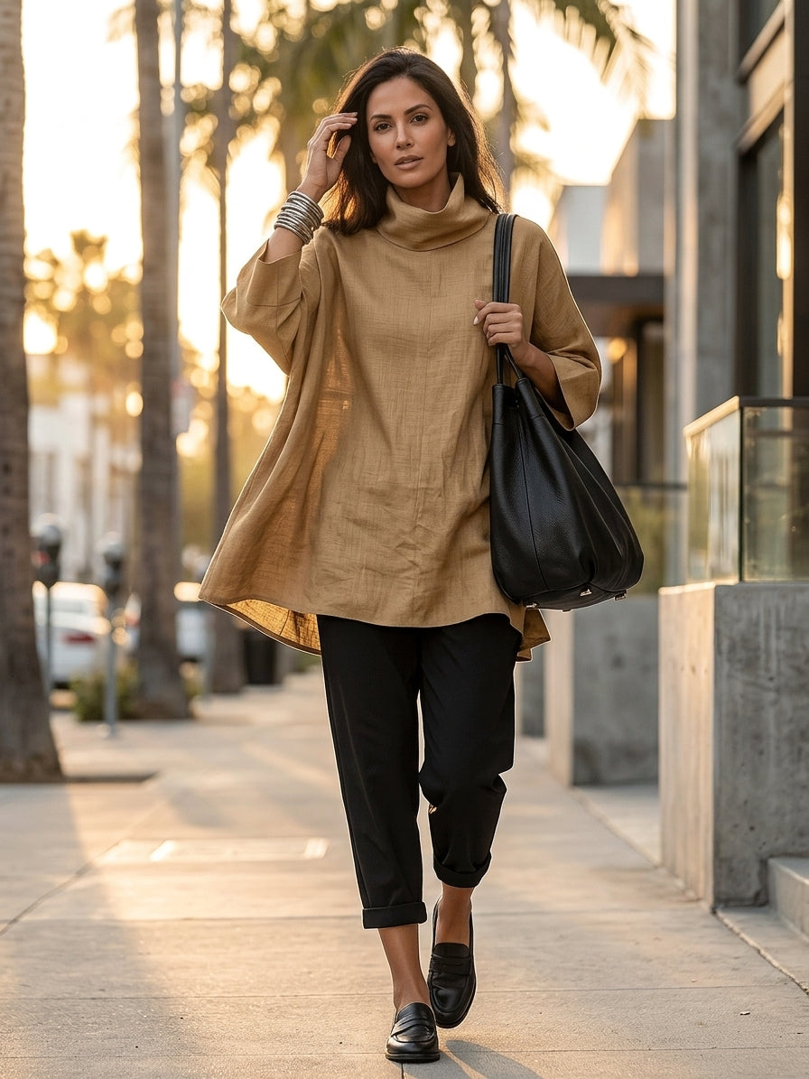 Quiet Luxury Linen Blend Oversized-Fit Camel Cowl Neck Tunic Top