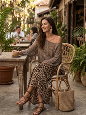 Effortless Chic Open-Knit Off-Shoulder Sweater & Leopard-Satin Brown Two-Piece Set