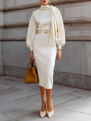 Commuting Lantern Sleeve Neckline Ribbon Midi Dress With Belt