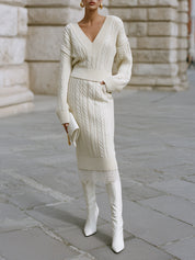 Minimalist Cable Knit Shorts Sweater & Lace Patchwork Skirt Set