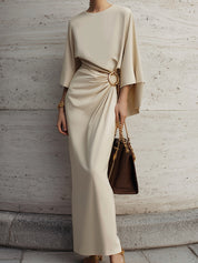 Minimalist Ruffled Sleeves Satin Waist Pleated Metal Ring Decoration Maxi Dress