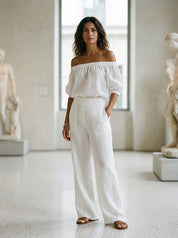 White Off-the-shoulder Linen Blend Top And Wide-leg Pants Set