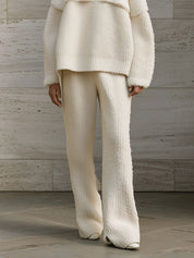 Chic Turtleneck Knitted Off-shoulder Sweater & Micro-flared Trousers Set