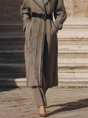 Heritage Fringed Tweed Pinstripe Belted Long Coat ﻿