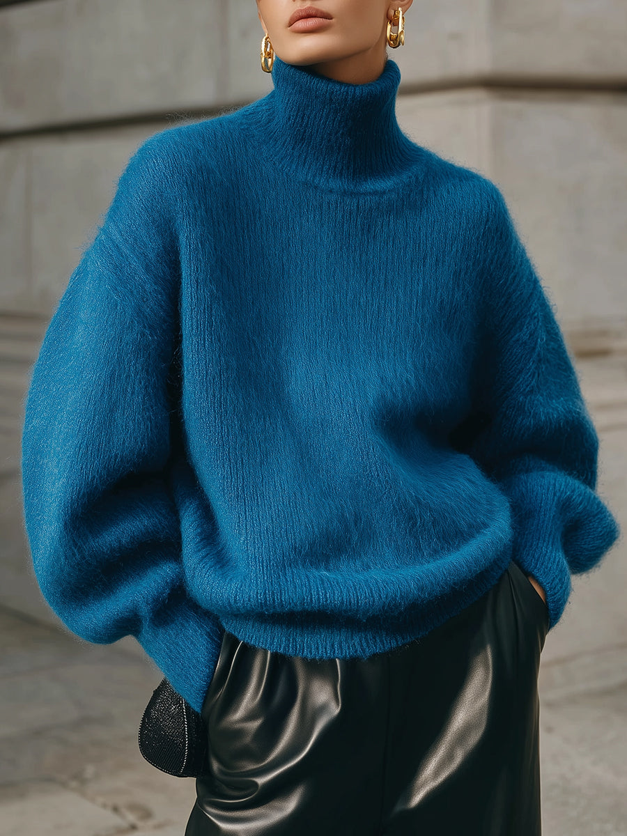 Minimalist Oversized Turtleneck Dropped Shoulder Lantern Sleeve Mohair Sweater