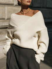 Asymmetrical Collar, Dropped Shoulder, Loose Knitted Sweater