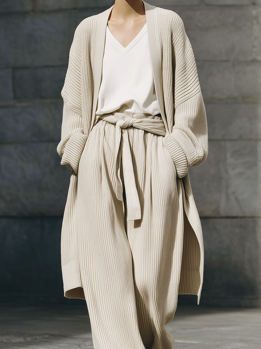 Minimalist Fine Knit Mid-length Cardigan & Straight Pants Set With Belt
