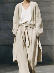 Minimalist Fine Knit Mid-length Cardigan & Straight Pants Set With Belt