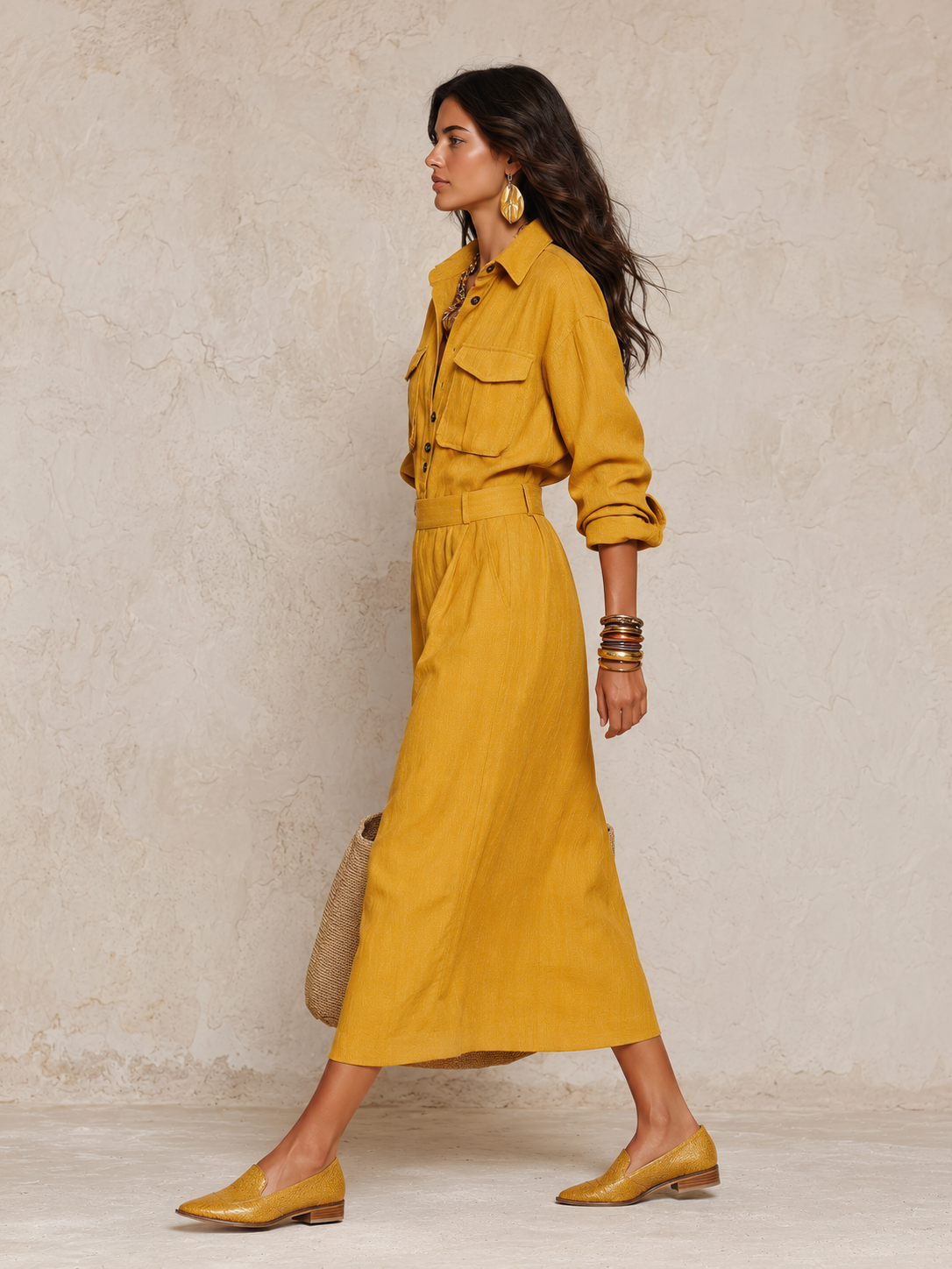 Utility Chic Linen Collared Roll-Sleeve Pocket Maxi Dress