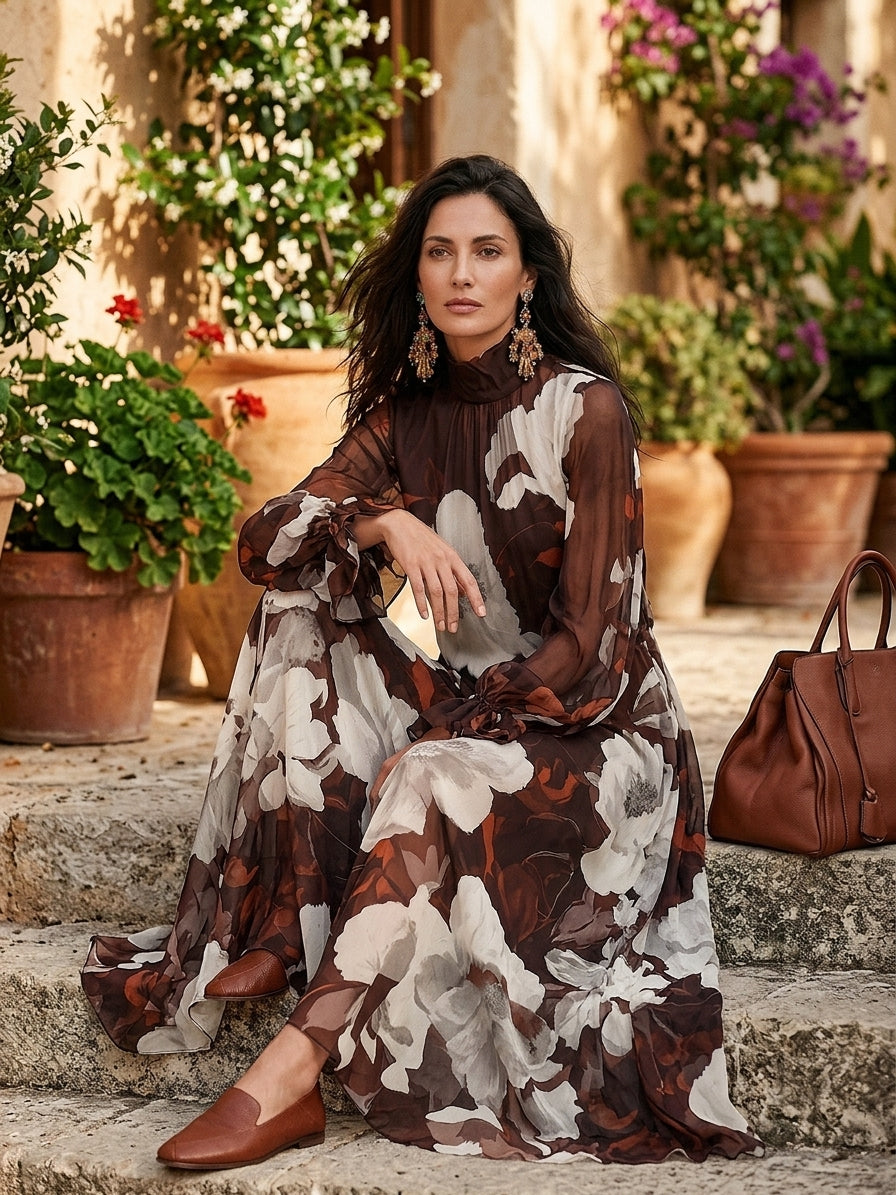 Floral Print High Neck Long Sleeve Chiffon Maxi Dress