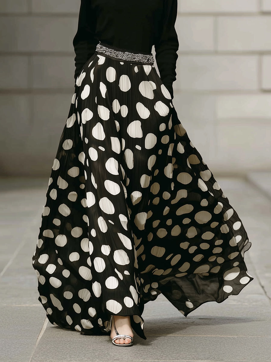 Retro Polka Dot Print Stitching Casual Boat Neck A Line Maxi Dress