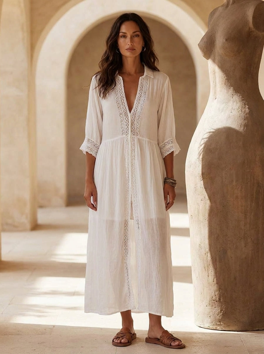 Vintage Lace-trimmed Cotton Linen Shirt Midi Dress