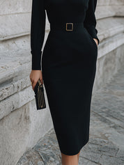 Minimalist Keyhole Neck Slim-fitting Back Slit Cotton Midi Dress With Belt