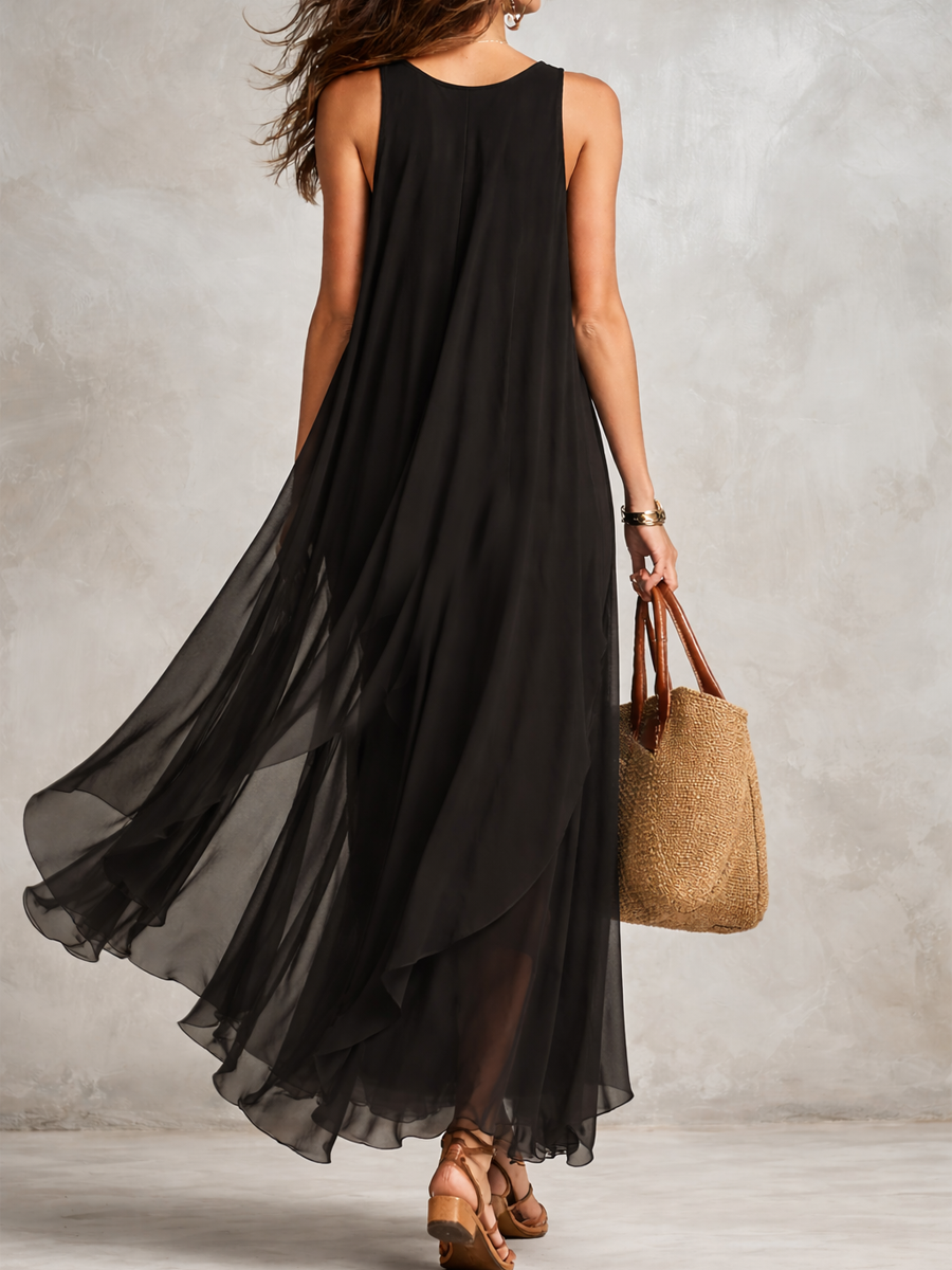 black chiffon layered dress Women's Black Chiffon Shirred Tiered Maxi Dress