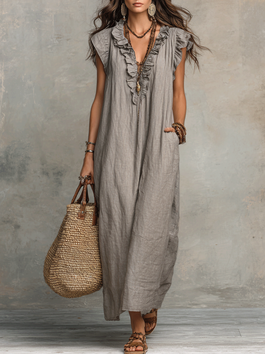 Bohemian Sleeveless Ruffle V-Neck Flowy Maxi Dress