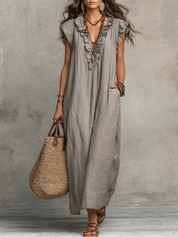 Bohemian Sleeveless Ruffle V-Neck Flowy Maxi Dress