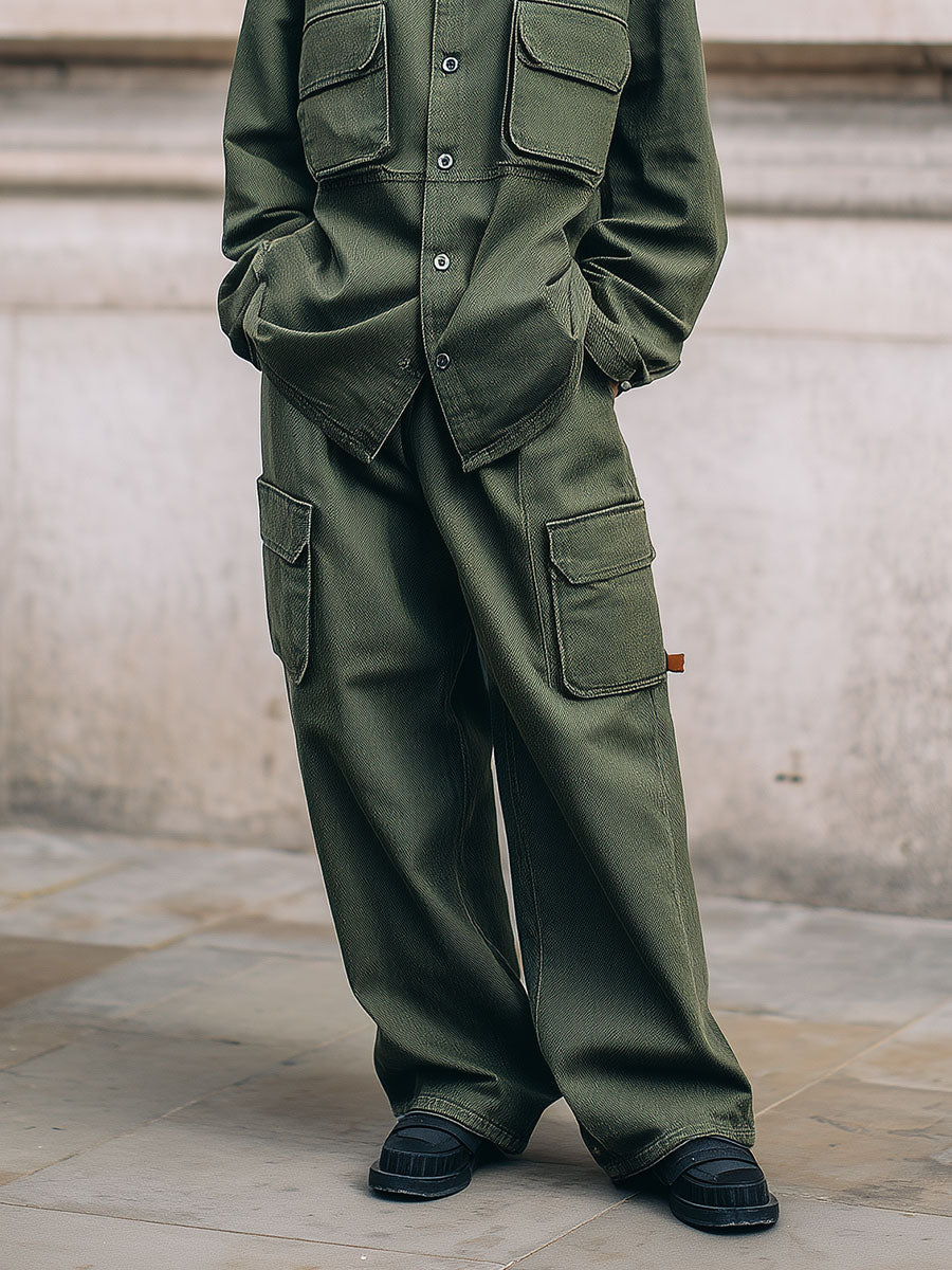 Stylish Washed Denim Flap Cargo Pocket Jacket & Jeans Set