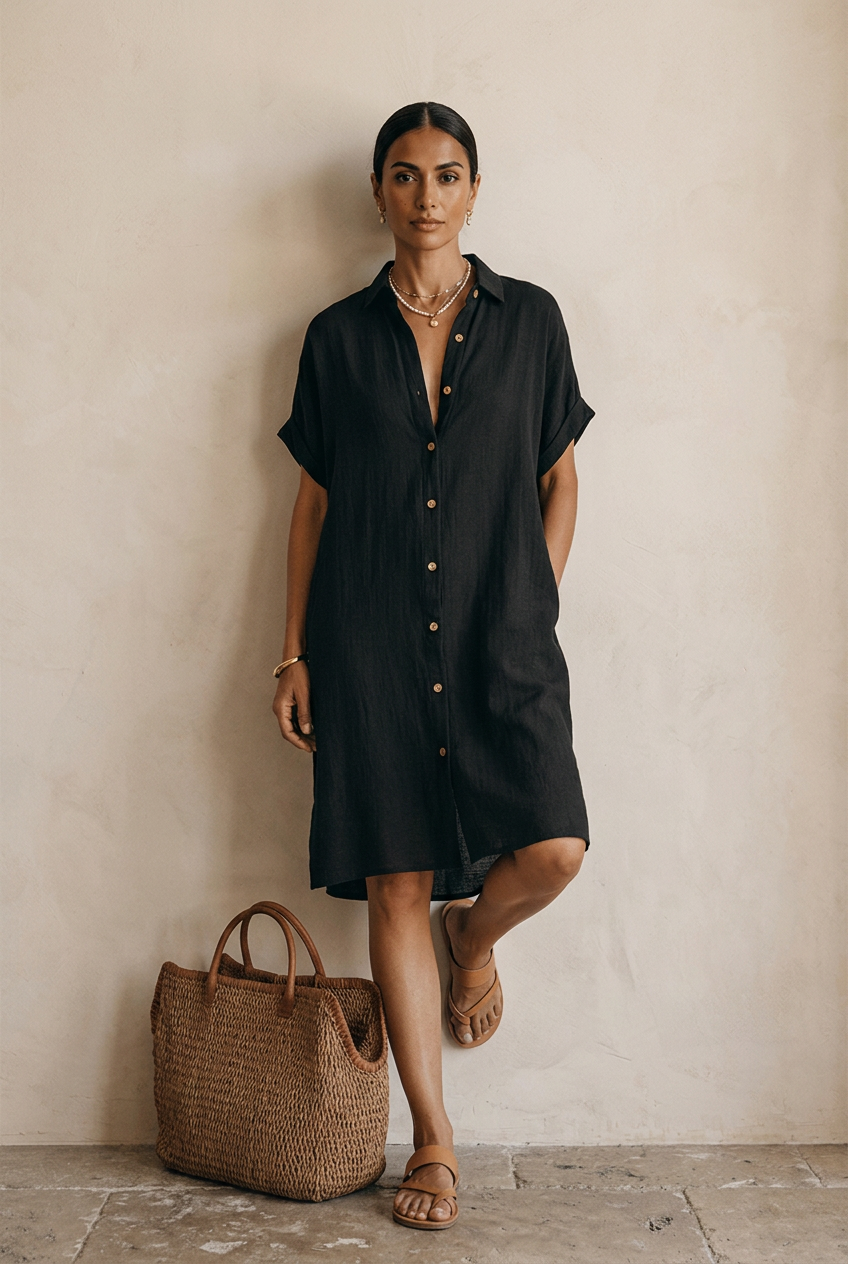Modern Boho Effortless Black Linen Relaxed Midi Dress