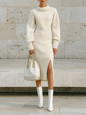 Minimalist Dropped Shoulder Hem Slit Knitted Midi Dress