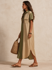 Effortless Coastal Elegance Olive & Sand Patchwork Button-Front Maxi Dress