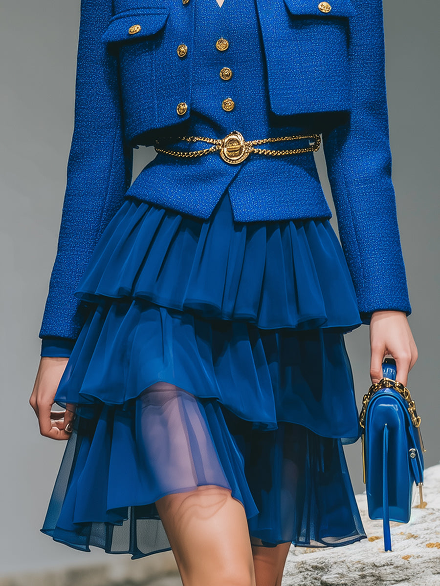 Uniquely Designed Multi-layered Chiffon Ruffled Knee-length Skirt And Scarf