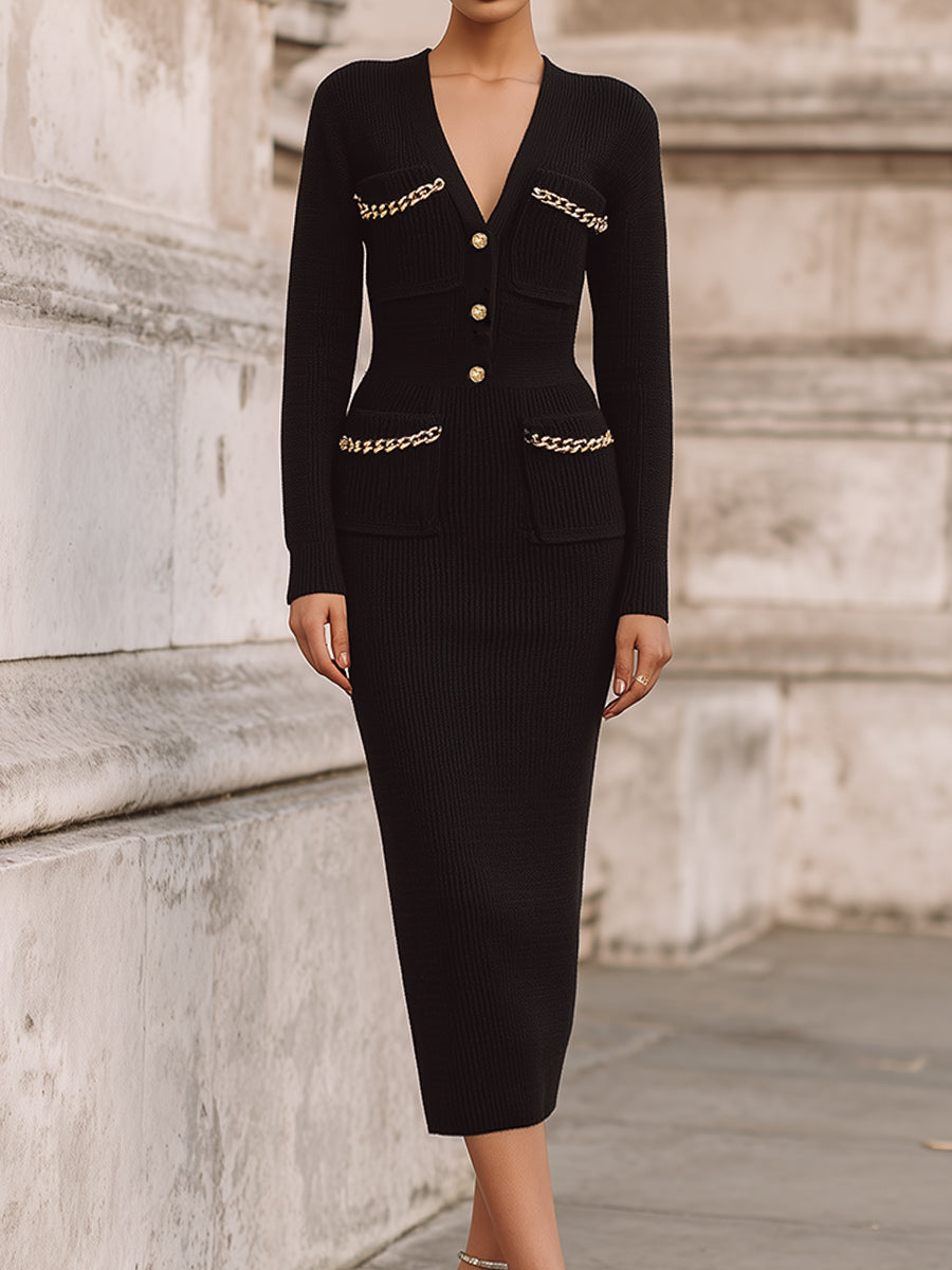 Old Money Style V-neck Chain-Detail Knitted Midi Dress