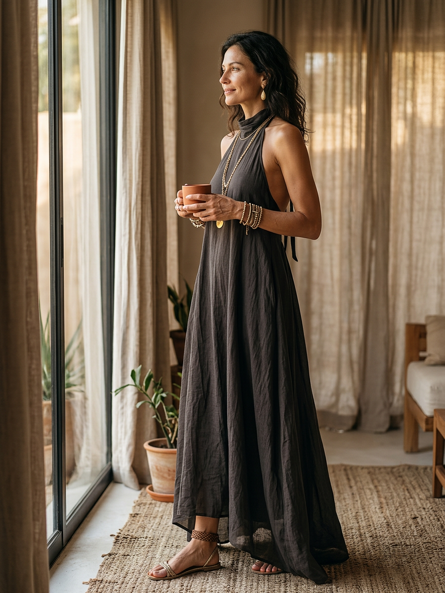Charcoal Gray Bohemian Style Off The Shoulder Loose Maxi Dress