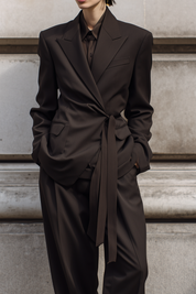 Minimalist Knot Decoration Wool Blend Blazer & Straight Pants Set