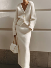 Minimalist Seahorse Wool Knitted Cardigan & Slim-fitting Diagonal Pocket Skirt Set