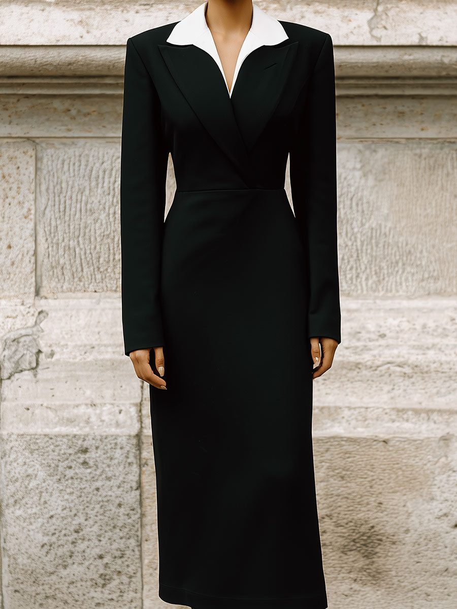 Minimalist Commuting Stitching Lapel Pencil Midi Dress