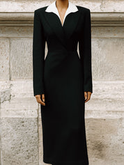 Minimalist Commuting Stitching Lapel Pencil Midi Dress