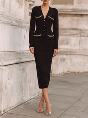 Old Money Style V-neck Chain-Detail Knitted Midi Dress