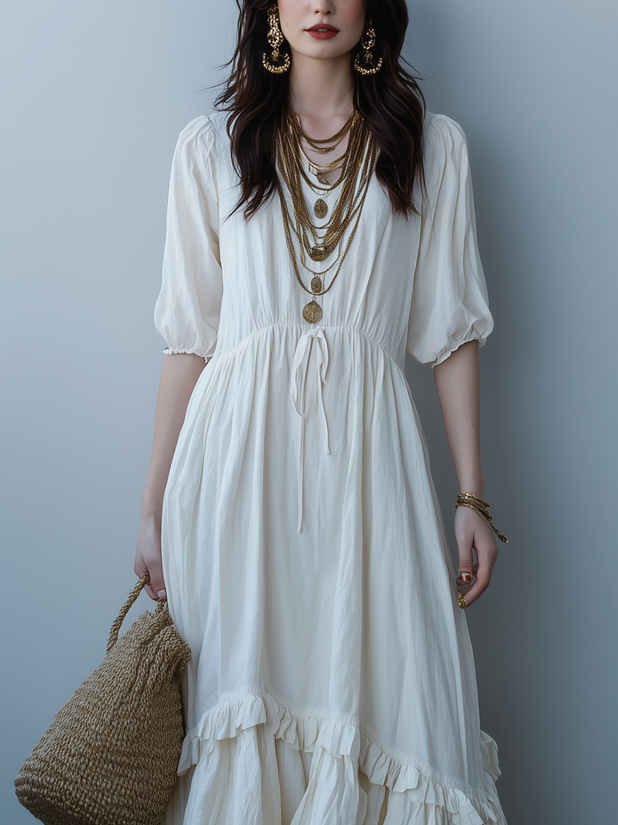 Ivory White High Waisted Drawstring Ruffled Hem Midi Dress