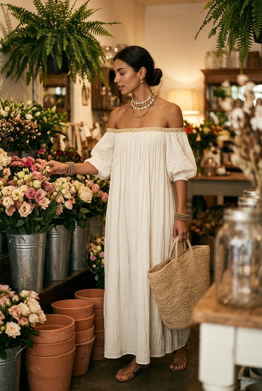 Bohemian Style Off-the-shoulder Pleated Ivory Long Dress