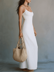 Elegant White Minimal Strappy Slit Maxi Dress