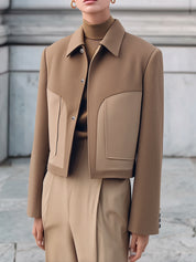Quiet Luxury Cocoa Wool-Blend Jacket With Statement Pockets
