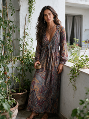 Vintage Paisley Print V neck Dress With Tie Waist