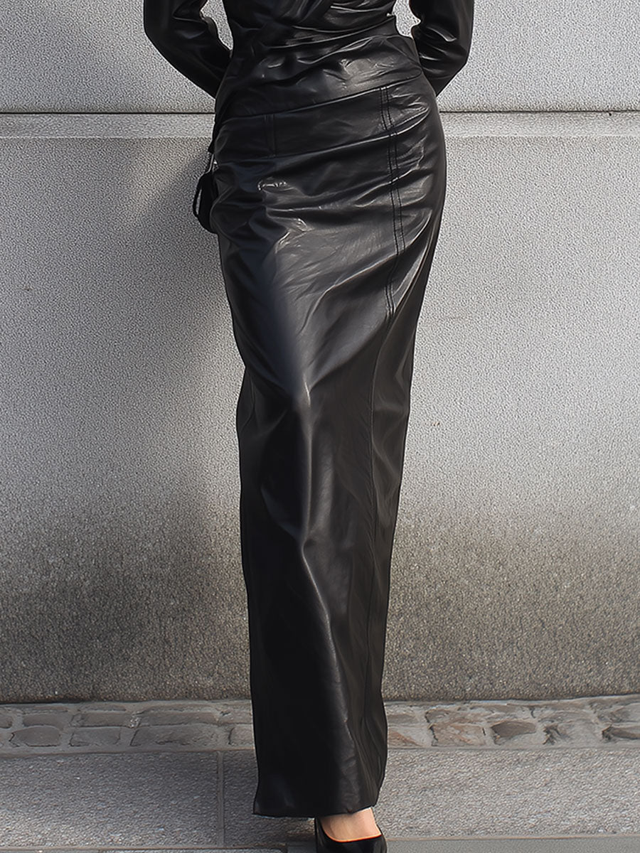 Minimalist Shoulder Pad Eco-friendly Leather Chest Twist Maxi Dress
