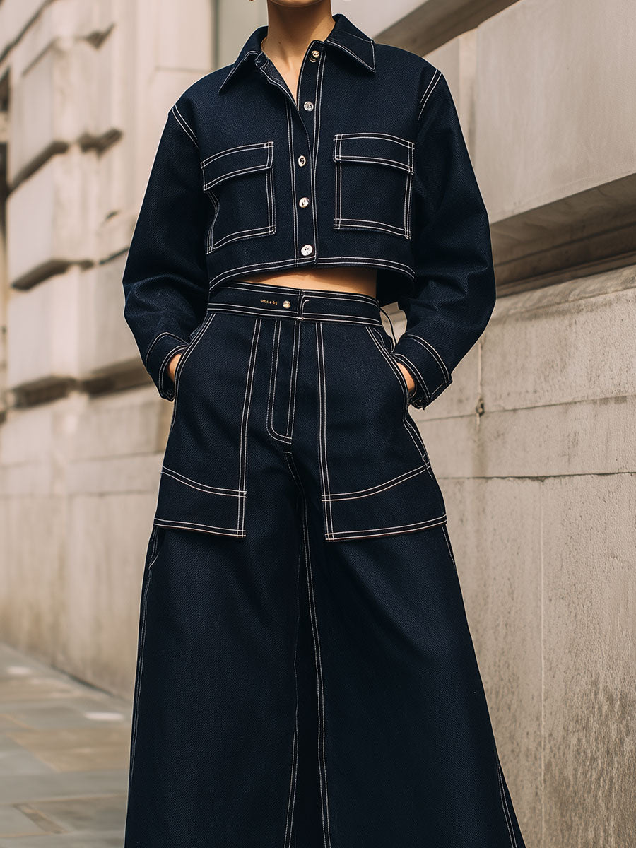 Minimalist Denim Jacket & Topstitched Patch Pocket Skirt Set