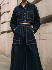 Minimalist Denim Jacket & Topstitched Patch Pocket Skirt Set