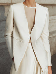 Minimalist Collarless V-Neck Wool Blazer ﻿