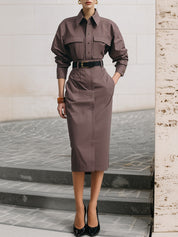 Deconstructed Off-shoulder Cotton Shirt & Side Pocket Midi Pencil Skirt Set