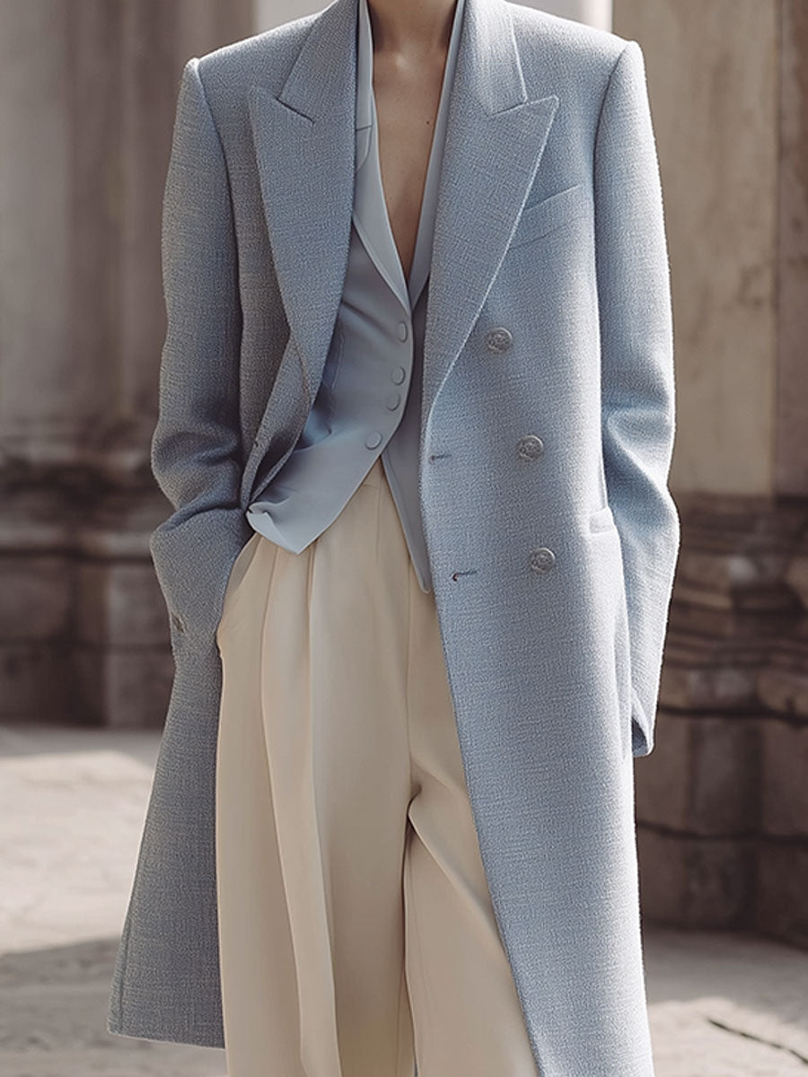 Minimalist Lapel Double-breasted Mid-length Woolen Coat