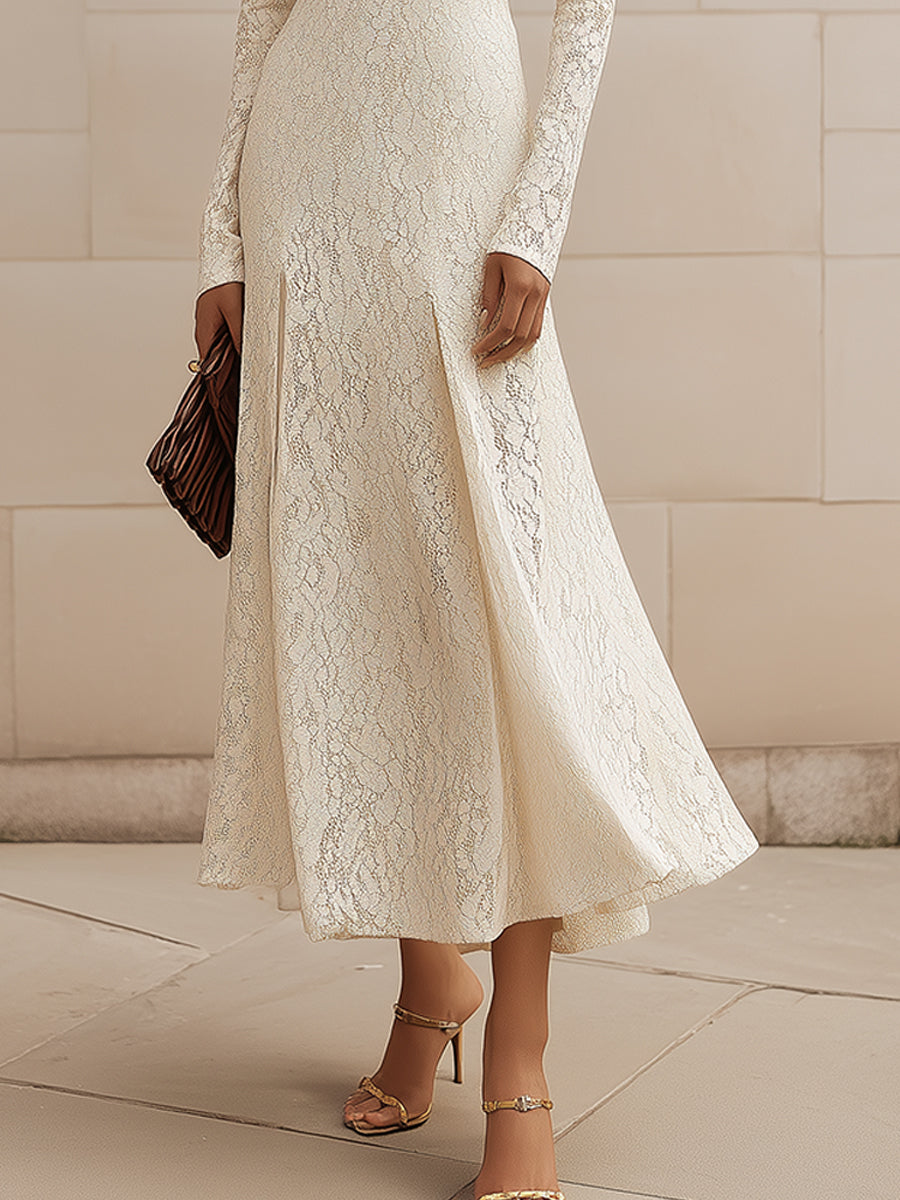 Elegant Commuter Versatile Pinch Pleated Half Turtleneck Slim Lace Midi Dress